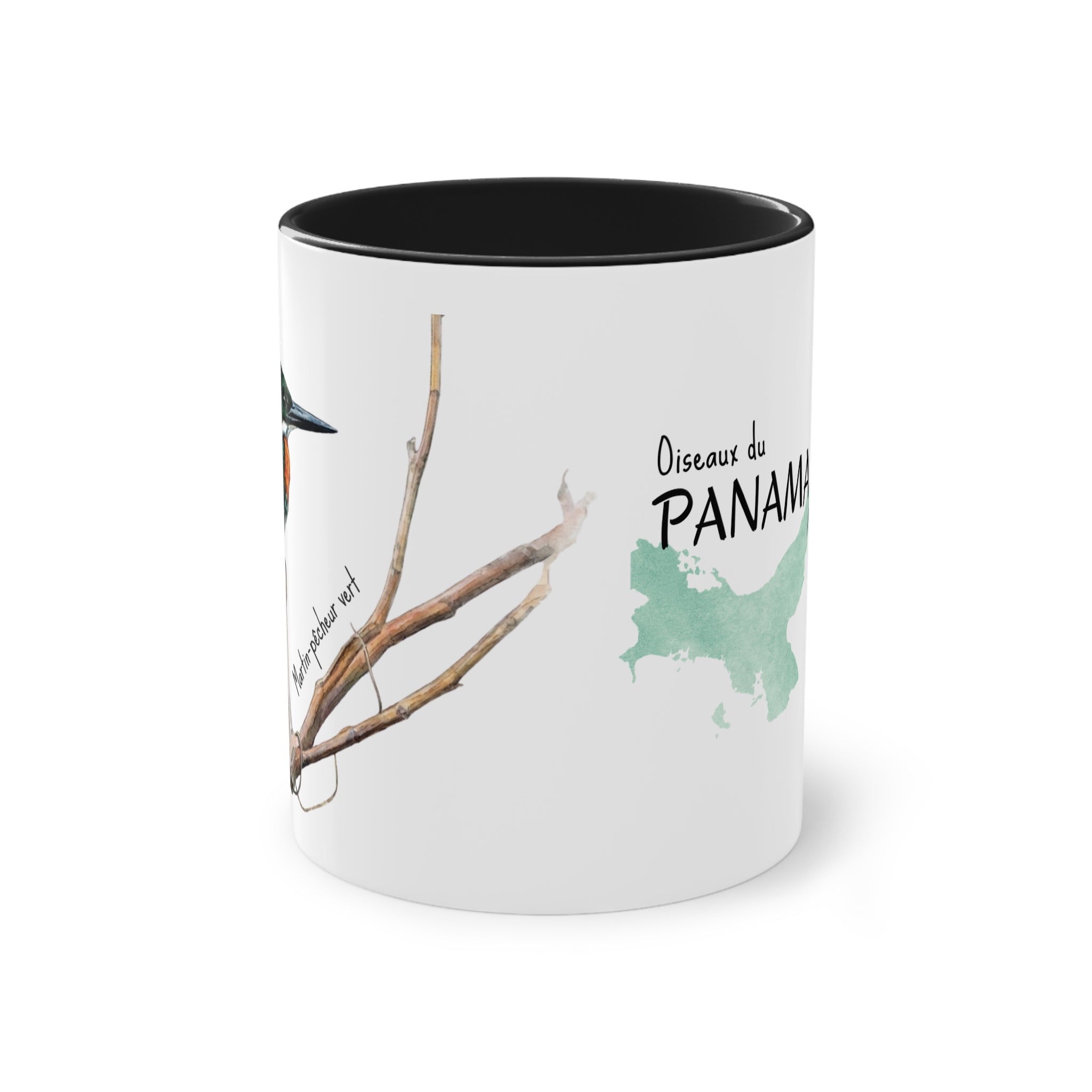 Tasse « Oiseaux du Panama – Martin-pêcheur vert » – Mug céramique bicolore 325 ml, oiseau tropical du Panama, idée cadeau nature