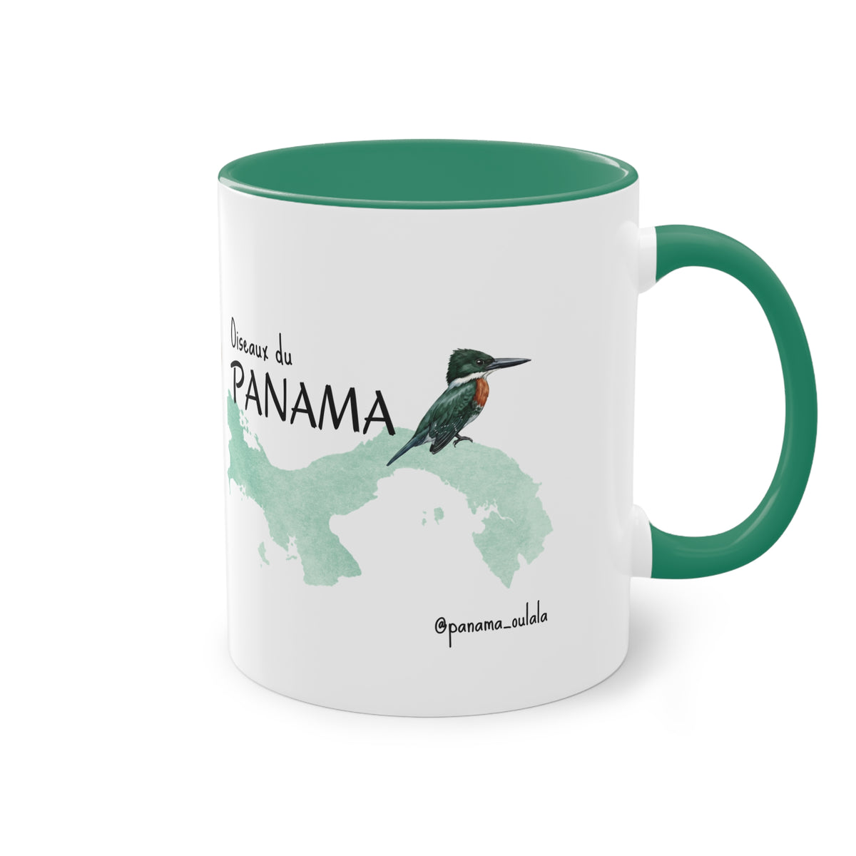 Tasse « Oiseaux du Panama – Martin-pêcheur vert » – Mug céramique bicolore 325 ml, oiseau tropical du Panama, idée cadeau nature