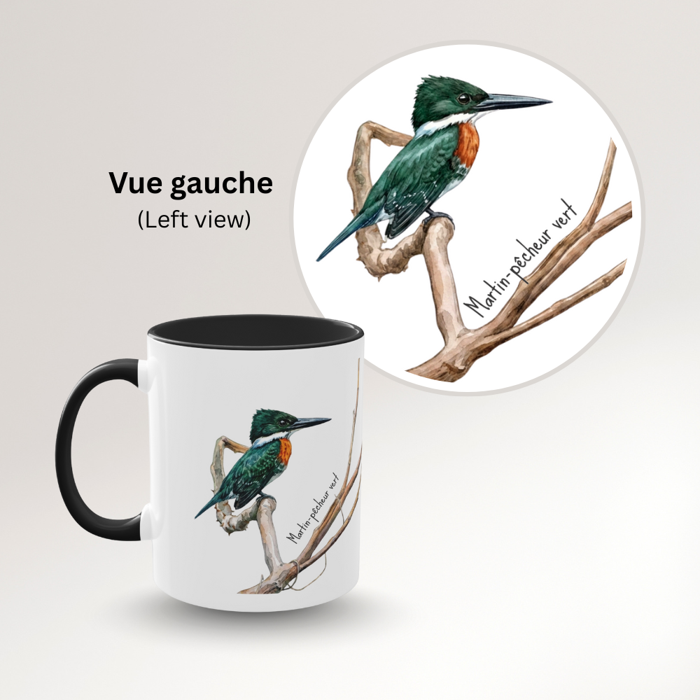 Tasse « Oiseaux du Panama – Martin-pêcheur vert » – Mug céramique bicolore 325 ml, oiseau tropical du Panama, idée cadeau nature