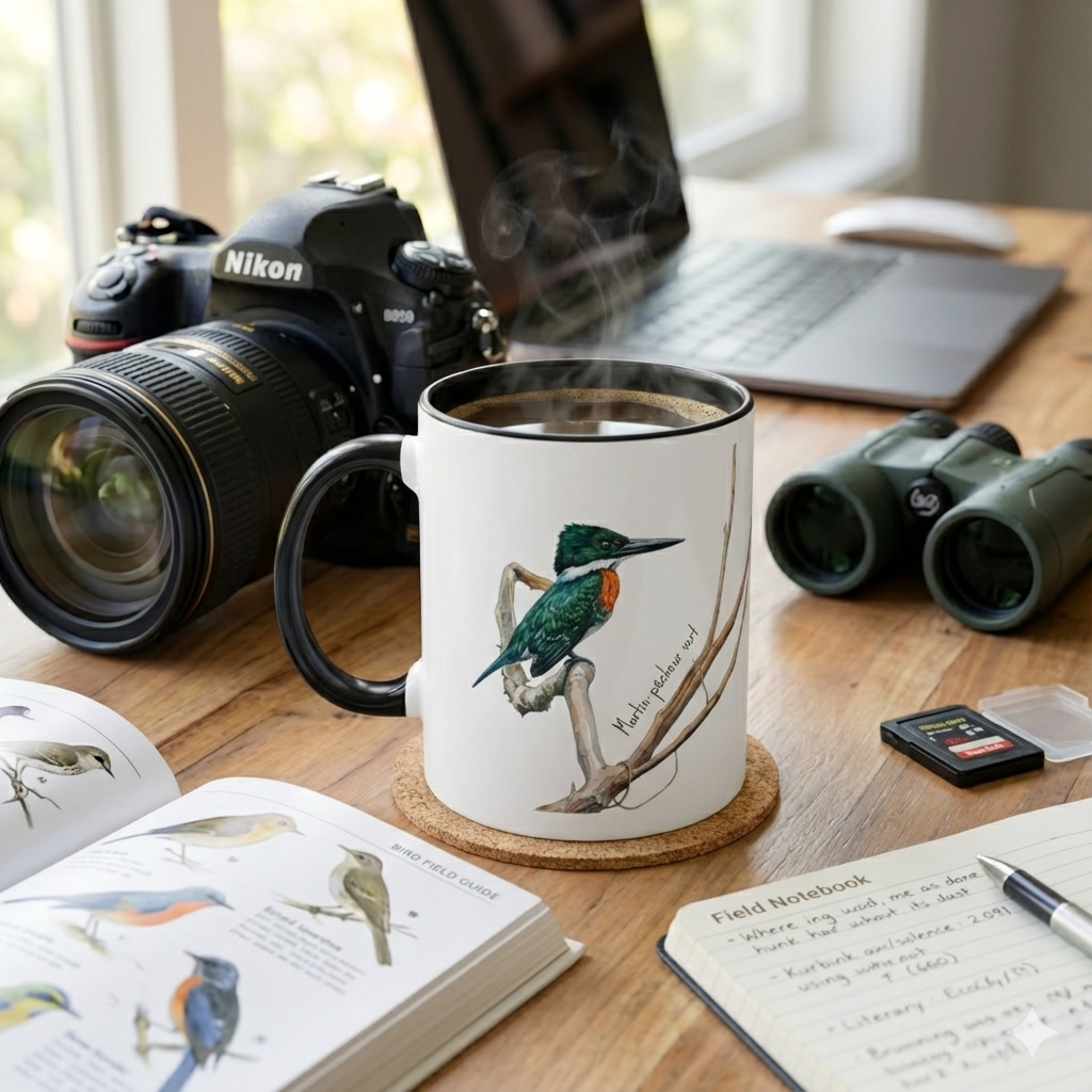 Tasse « Martin-pêcheur vert » – Mug céramique bicolore 325 ml, oiseau tropical du Panama, idée cadeau nature