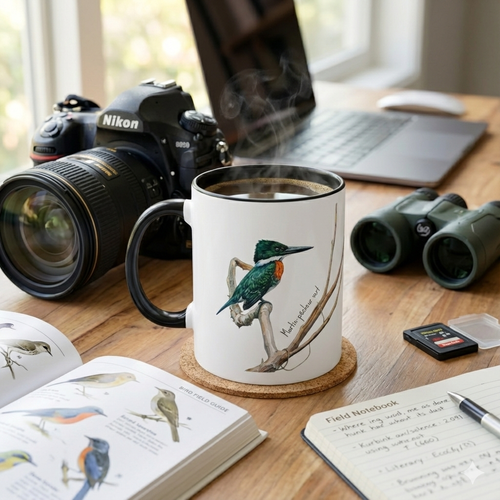Tasse « Martin-pêcheur vert » – Mug céramique bicolore 325 ml, oiseau tropical du Panama, idée cadeau nature