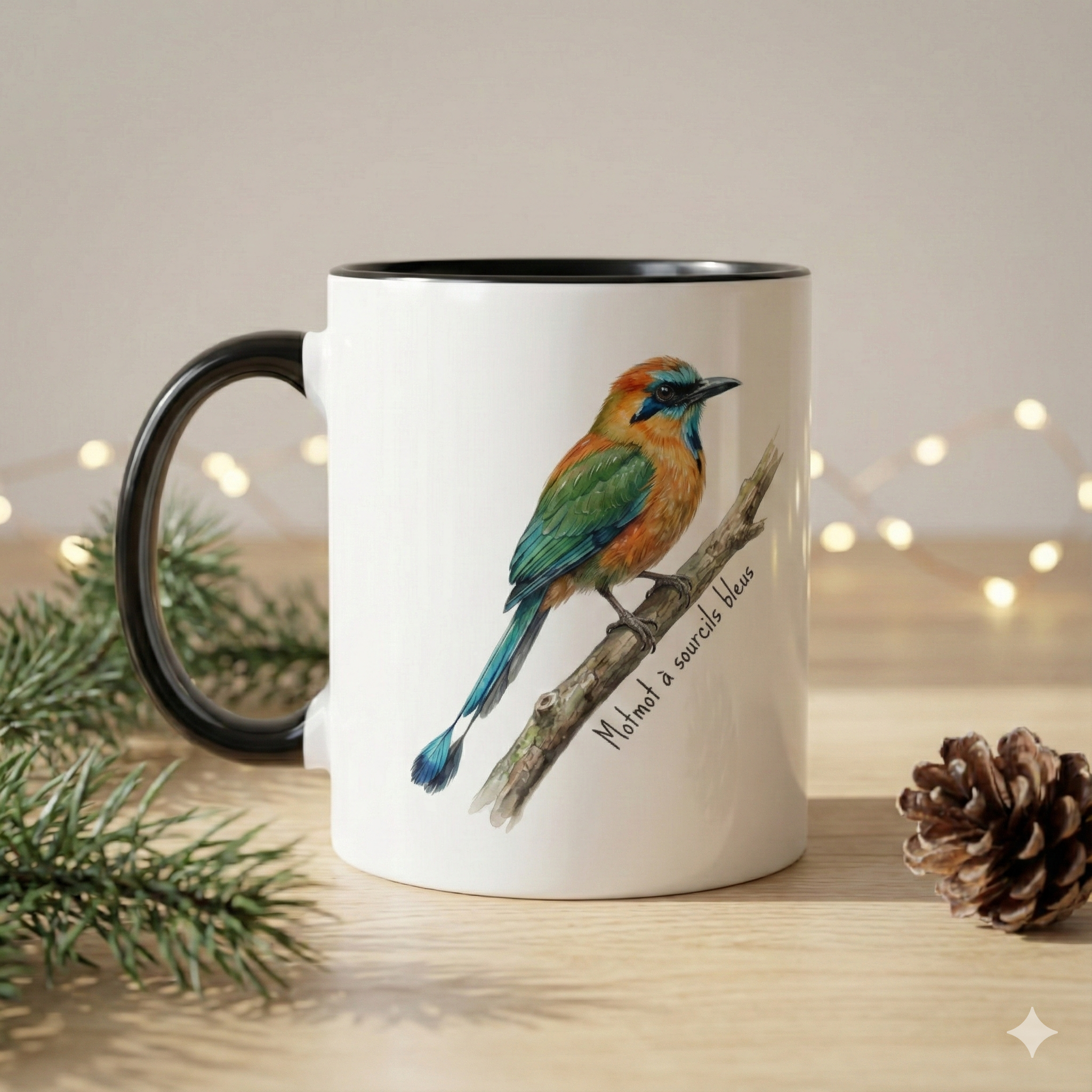 Tasse « Oiseaux du Panama - Motmot à sourcils bleue » – Mug céramique bicolore 325 ml, oiseau tropical du Panama, idée cadeau nature